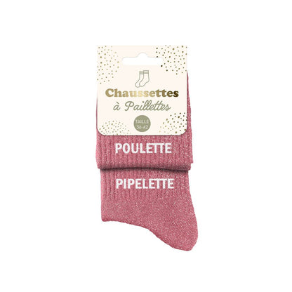 Chaussettes à paillettes humoristiques: Poulette / Pipelette