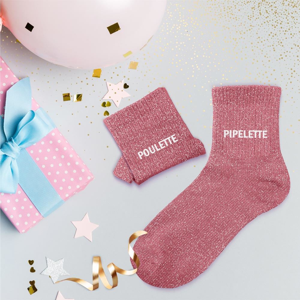 Chaussettes à paillettes humoristiques: Poulette / Pipelette