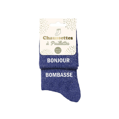 Chaussettes à paillettes humoristiques: Bonjour / Bombasse