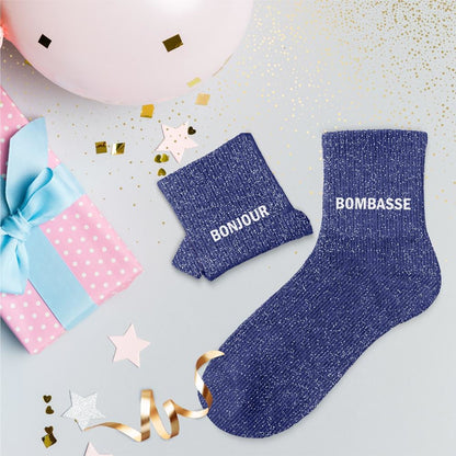 Chaussettes à paillettes humoristiques: Bonjour / Bombasse