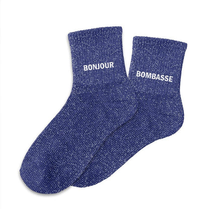 Chaussettes à paillettes humoristiques: Bonjour / Bombasse