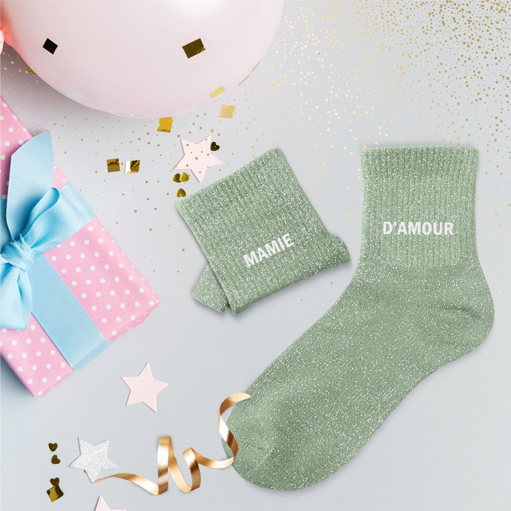 Chaussettes à paillettes humoristiques: Mamie / D'amour