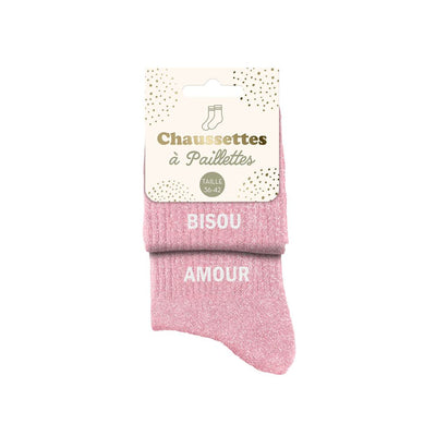 Chaussettes à paillettes humoristiques: Bisou / Amour