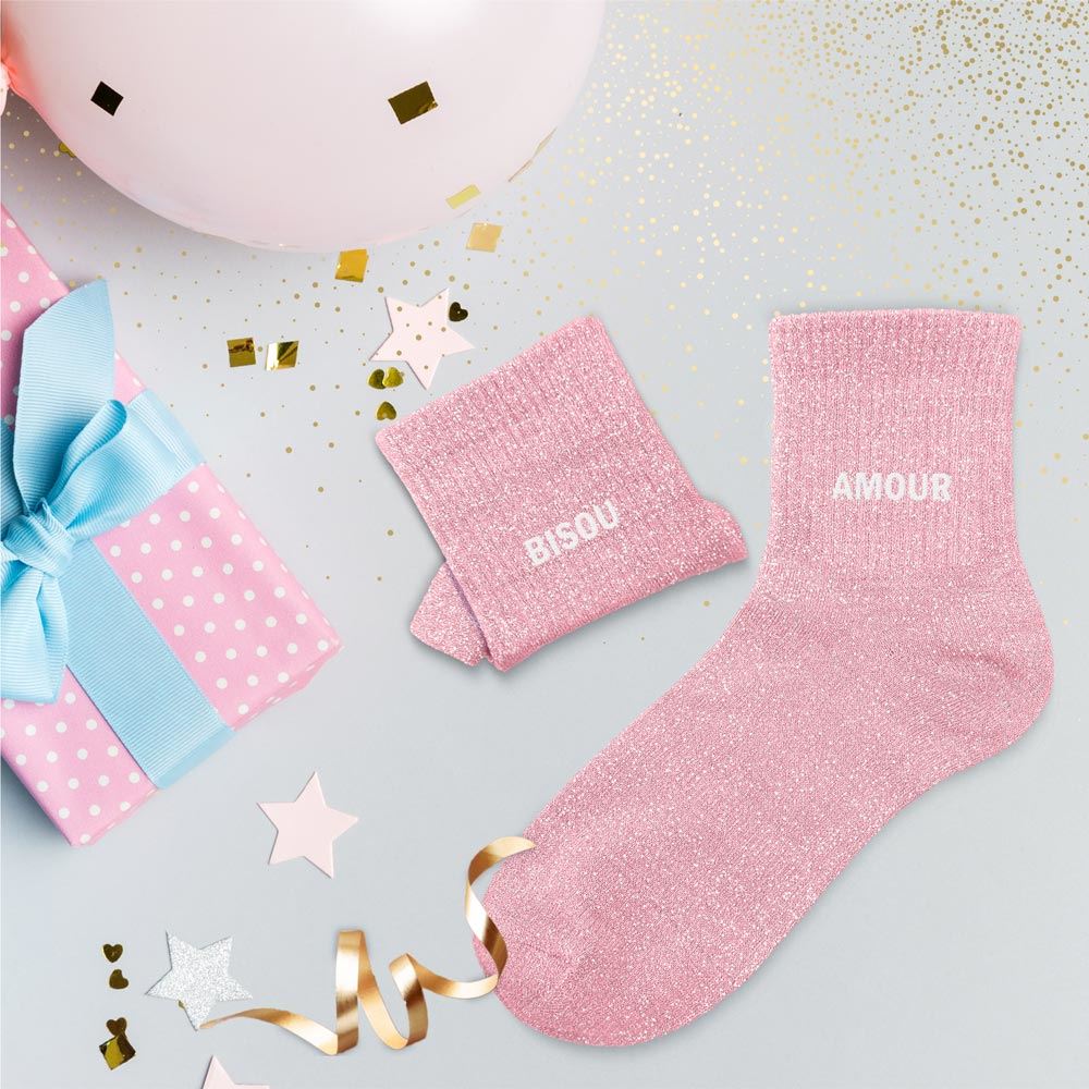 Chaussettes à paillettes humoristiques: Bisou / Amour